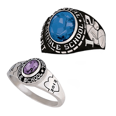 Two middle school class rings, one with a blue stone and one with a purple stone.