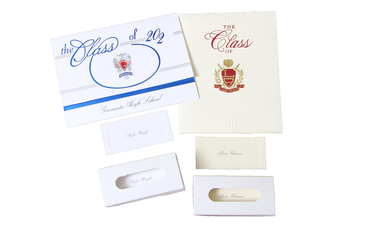 Personalized name cards and announcement folders with school crests.